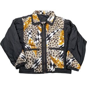 Vintage East West Windbreaker Jacket Women Medium Black Gold Versace Style 90s